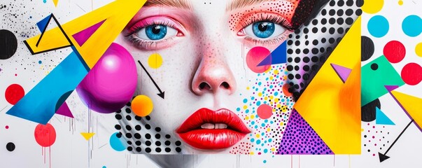 A surreal, mixed-media artwork that combines a face with geometric shapes, bold arrows, and vibrant colors.
