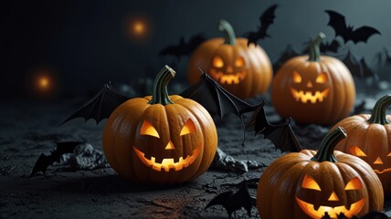 Fototapeta premium Lit jack-o'-lanterns with spooky bats on a dark background.