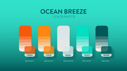 Color palette guide in Ocean breeze colour theme collections. Color inspiration or chart with codes template. Color combination RGB. Colors swatches for graphic design, art, fashion, web or painting.