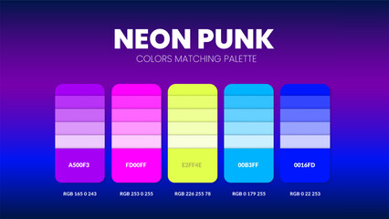 Color palette guide in Neon Punk colour theme collections. Color inspiration or chart with codes template. Color combination RGB. Colors swatches for graphic design, art, fashion, web or painting.