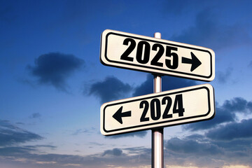 Road signs indicate the path to the new year 2024 and the old year 2023 on a blue sky, creative idea. Choose a new road, concept. Change for the better