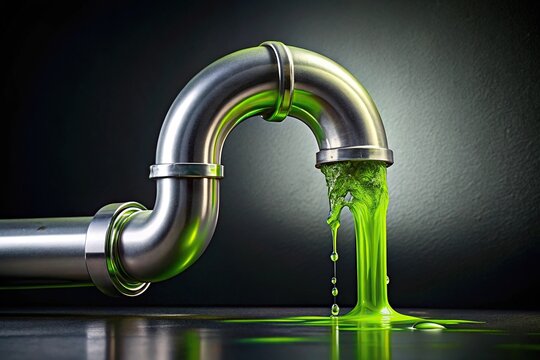 Slime drips from a metallic silver pipe in a darkened room, science, pipe, metallicsilver