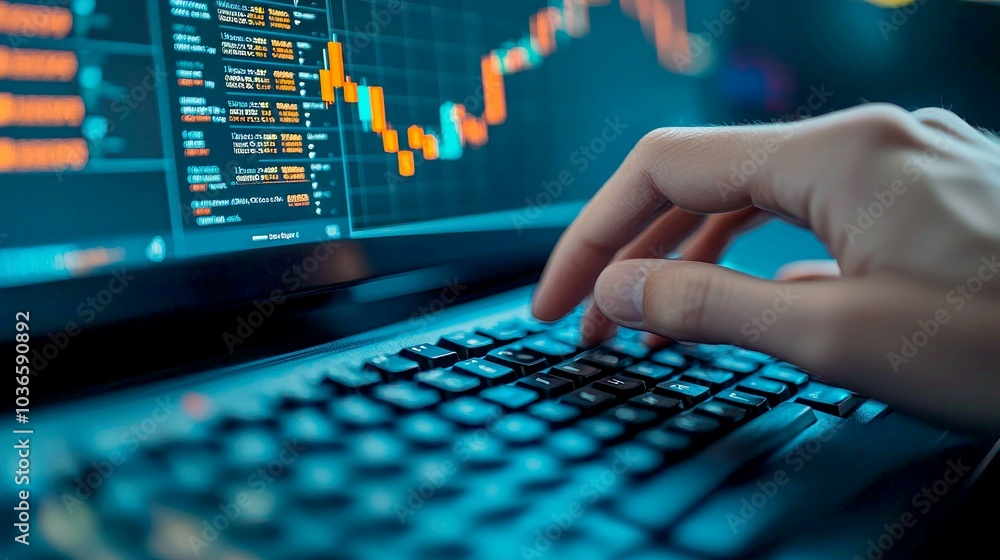 Poster close-up of a hand typing on a laptop keyboard with a stock market graph displayed on the screen.