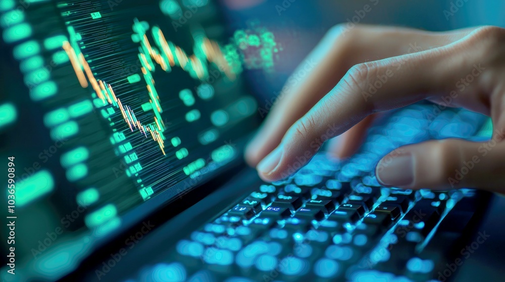 Poster close-up of a hand typing on a laptop keyboard with a stock market graph in the background.