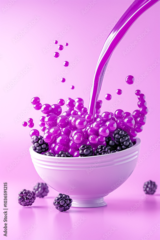 Wall mural in a lively moment, a cascade of small purple spheres pours into a white bowl filled with fresh blac