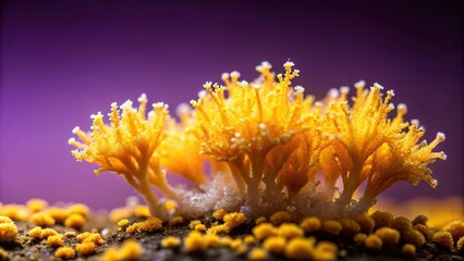 Slime mold growing on a dark purple background, slime, fungus, nature