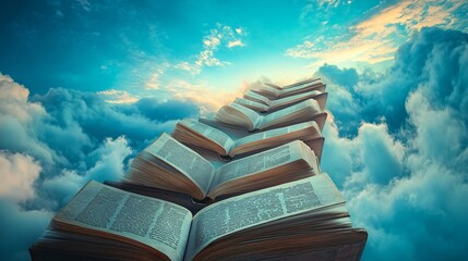 A stack of open books rising into a blue sky with fluffy clouds.