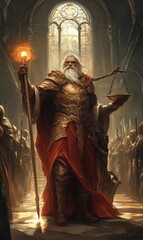 Obraz premium A king stands in a hall, holding a scale and