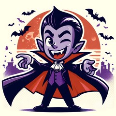  Vampire Character: "Illustrate a playful, retro-style cartoon of a mischievous vampire with a cape, winking and showing fangs. The background is white with plenty of space, featuring bats flying in t