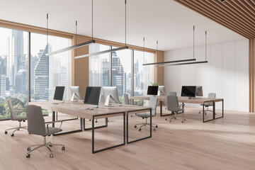 Modern office interior with urban view and sleek design. 3D Rendering