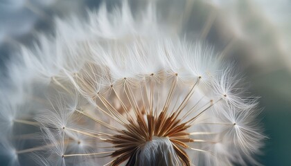Fototapeta premium A close-up view of a dandelion seed head reveals each delicate seed poised to be blown away, showcasing the intricate patterns and natural design of plant life.