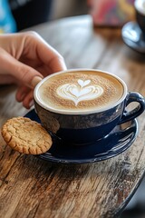 Artisanal Latte with Heart Design Served with Fresh Baked Cookie on Rustic Wood