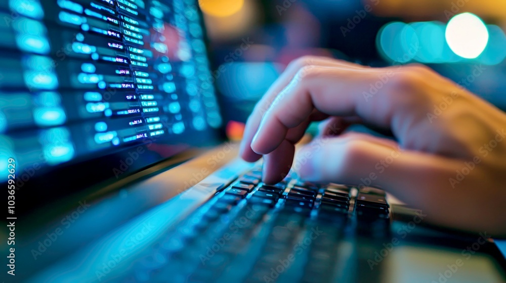 Poster close-up of hands typing on a laptop keyboard with a blue screen in the background.