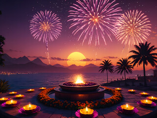 Diwali Festival in India: Celebrating with Diya Lamps, Vibrant Fireworks, and Illuminating Lights. Hindu festival Background. Generative AI