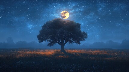 A solitary tree illuminated by a bright full moon in a tranquil nighttime landscape
