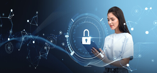 Woman interacting with digital security interface and technology