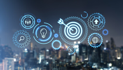 Digital icons of a light bulb, target with arrow, and gears over a cityscape background.