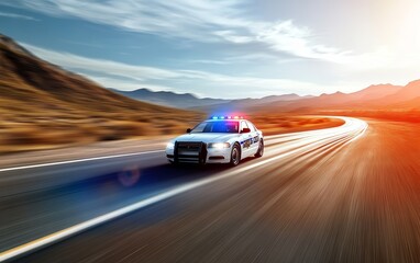 A police car with lights on speeds along a winding road in a desert landscape during sunset.