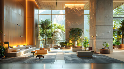 Modern interior of the living room in light white beige tones, with a sofa, coffee table and panoramic window 