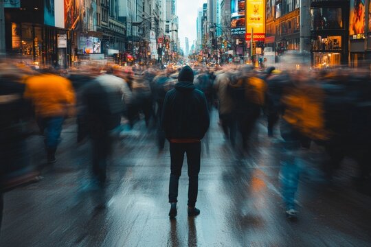 Single person standing still in a bustling city street where everyone else is blurred in motion.