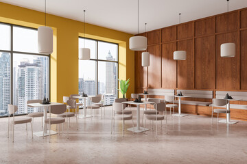 Cozy restaurant interior with chairs and tables in row, eating space and window