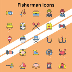 Collection of fisherman icons depicting fishing activities and equipment ideal for outdoor and sports themes.