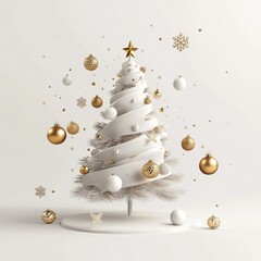 Merry Christmas and Happy New Year Holiday white banner illustration. Xmas design with realistic 3d objects, christmas tree, golden christmass ball, snowflake, glitter gold