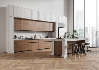 Home kitchen interior with cooking cabinet and bar island, panoramic window