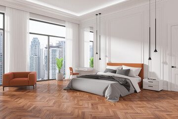Classical hotel bedroom interior with bed and beauty table, panoramic window