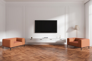 Stylish home living room interior with tv and armchairs, relax place