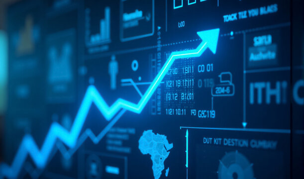 a creative growing blue business chart, integrated with elements like a map, binary code, and arrows, set against a blurry background
