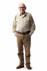 Portrait of a Senior Man in Casual Attire Standing Against a White Background