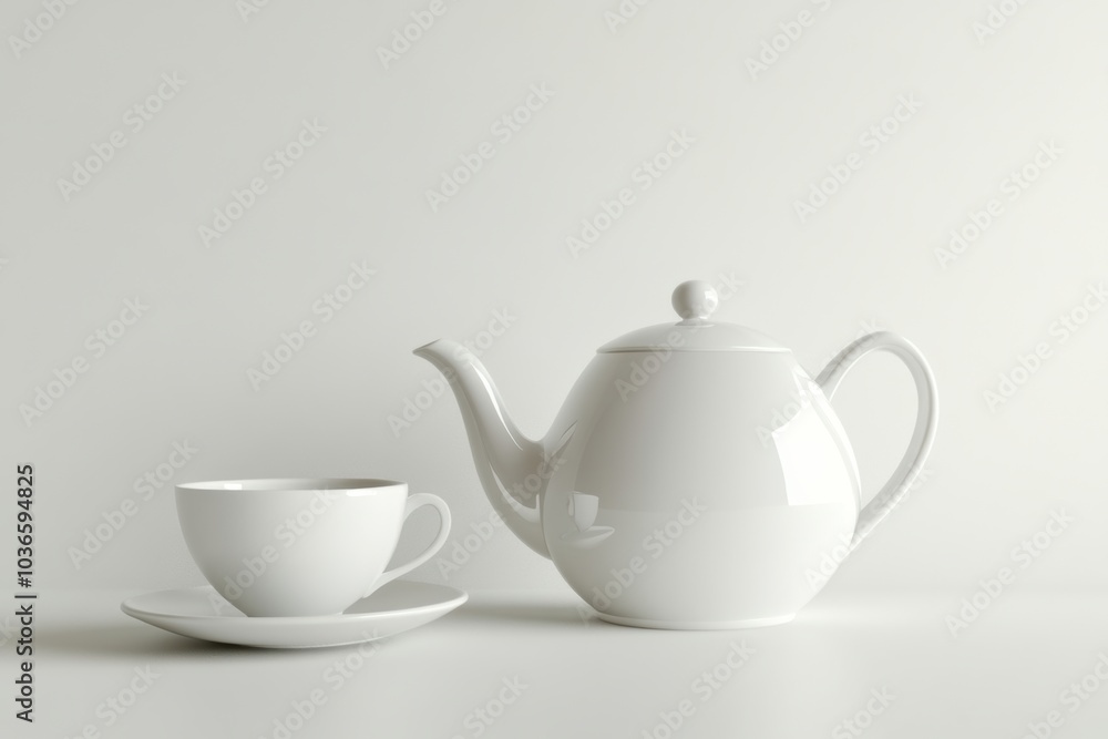 Poster a stylish white tea kettle sits beside an elegant cup on a saucer, ideal for enjoying a relaxing tea