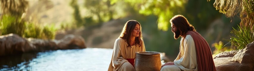 Samaritan at the Well, Jesus Christ meets a Samaritan woman, a moment of compassion and cultural significance, exploring themes of acceptance and faith.