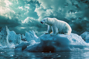 Naklejka premium A polar bear sits on a shimmering iceberg in icy waters under a dramatic sky