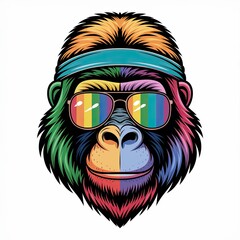 Fototapeta premium Colorful gorilla with sunglasses and headband, Vibrant illustration of a gorilla wearing rainbow-striped sunglasses and a headband, blending bold colors with a cool, modern style.