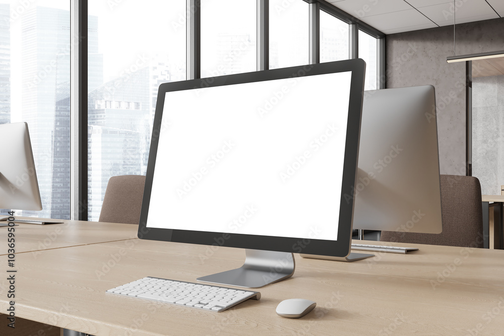 Poster modern office workspace with computer and keyboard. 3d rendering