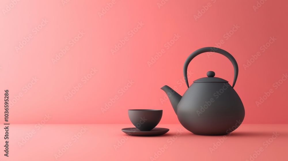 Poster a simple black tea kettle sits beside a matching cup on a soft pink surface, inviting a moment of re