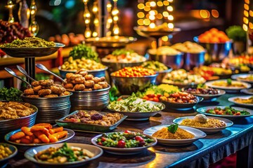 Fototapeta premium Dimly lit buffet showcases culinary artistry, tantalizing under warm candle glow.