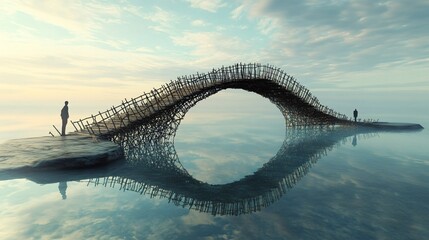 A surreal wooden bridge arching over calm water with two people standing on the ends of the bridge.
