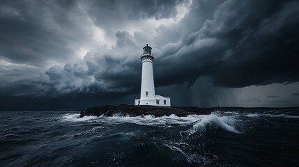 A solitary lighthouse stands against a stormy sky and turbulent sea, symbolizing resilience and guidance.