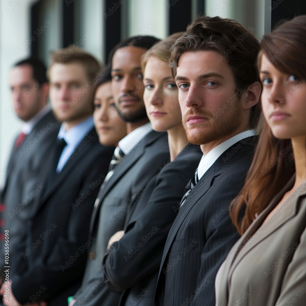 Poster diverse group of professionals in business attire standing in line with focused expressions in a mod