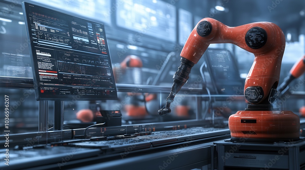 Poster the future of automation: a sleek orange robotic arm operates with precision in a futuristic factory