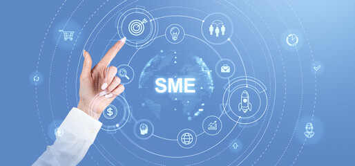 Hand pointing at SME concept icons on digital interface with blue background.