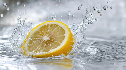 A close-up of a lemon slice splashing into sparkling water, with bubbles rising and droplets flying, evoking a sense of refreshment and zest --chaos