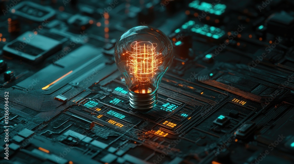 Poster light bulb on circuit board with glowing elements