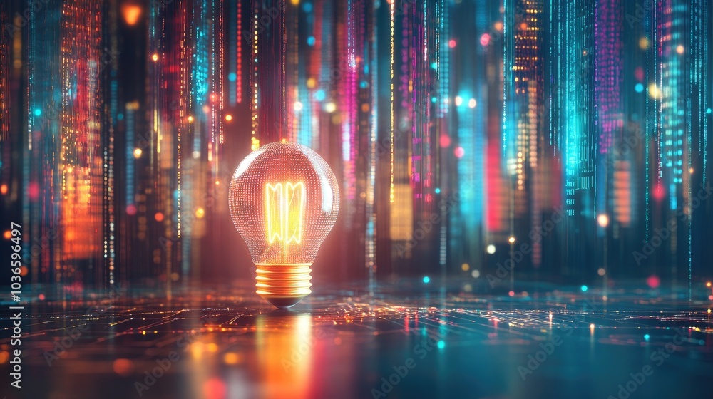 Poster glowing light bulb with colorful data background