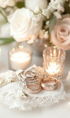 Wedding rings on lace with candles and roses.