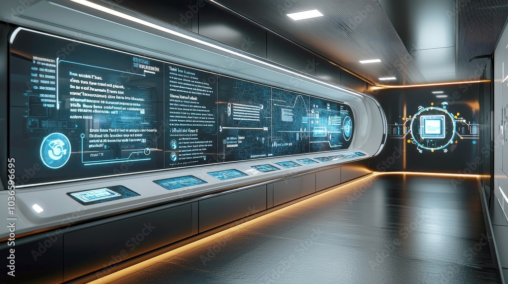 Poster futuristic hallway with digital screens displaying data and information.