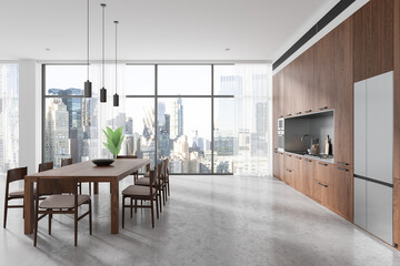 Luxury home kitchen interior with dining table and cabinet, panoramic window